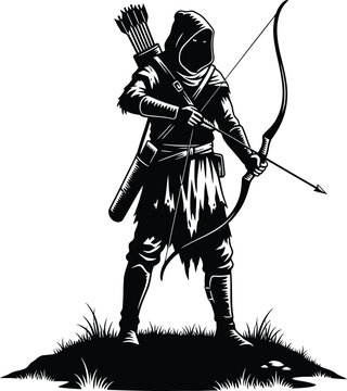 Medieval archer in fur clothing holding bow and arrows on grassy hill