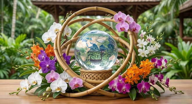 Glass globe with world map on bamboo frame decorated with tropical orchids in garden