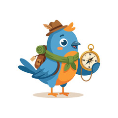 Fototapeta premium Adventurous Bird with Backpack and Compass, Traveling Cartoon Character