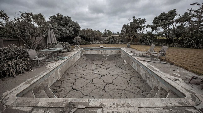 An empty neglected residential swimming pool with cracked dry mud bottom.