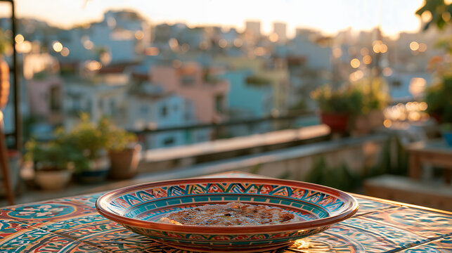 Traditional Moroccan Ceramic Bowl on Ornate Mosaic Table with Blurred Medina Cityscape at Sunset