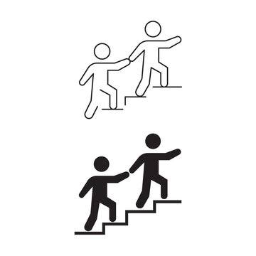 Mentoring and teamwork icons showing people helping each other climb stairs.Editable stroke, Vector illustration, Line art Icon, Symbols.