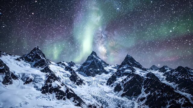 Majestic Mountain Range Under Vibrant Multicolored Starlit Sky - Jagged, snow-covered mountain peaks pierce the night sky, illuminated by a spectacular display of stars and the colorful aurora