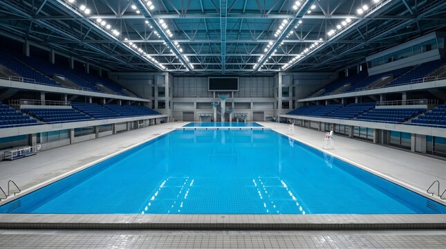 Modern indoor swimming pool in professional sports arena, olympic aquatic center with blue water, empty stadium seating for competitive swimming events