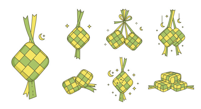 Various traditional ketupat dishes arranged on a table indoors