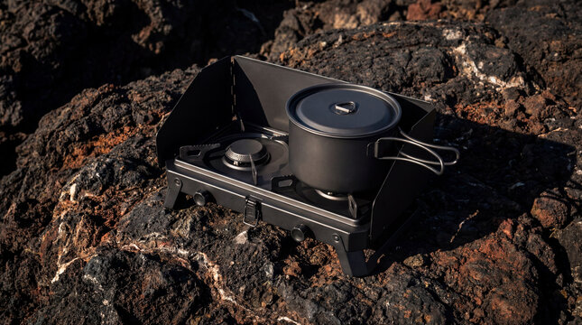 Portable camping stove with a metal pot set on rugged volcanic rock.