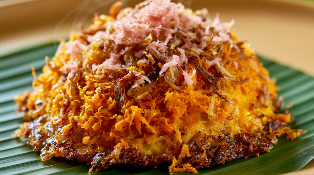Indonesian Kerak Telor Crispy Spiced Rice Omelette with Fried Shallots and Coconut Close-Up