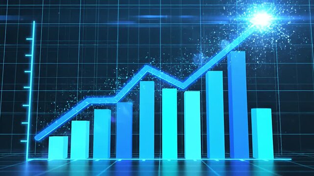 Three dimensional blue bar chart with growth arrow.