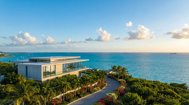 Modern luxury architectural villa residence on tropical coastline.
