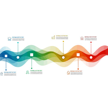 Colorful timeline infographic with icons and editable text boxes on white background