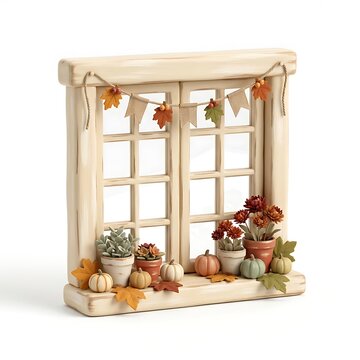 Rustic farmhouse window with pum shown in a detailed studio-style stock image.