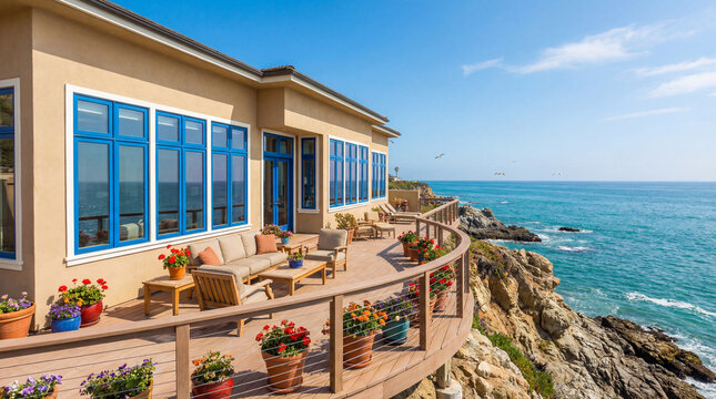 A beautiful cliffside patio overlooking the ocean with comfortable outdoor seating and colorful flower pots.