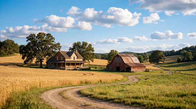 Rustic farmhouse and weathered barn in a golden wheat field.