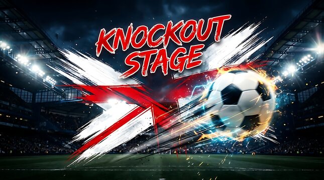 soccer ball flying with knockout stage text overlay