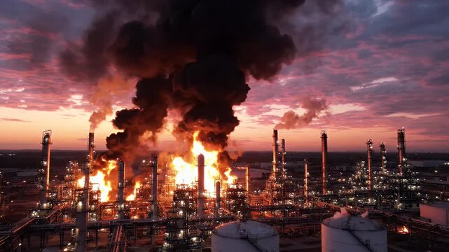 Industrial Refinery Fire at Sunset - A dramatic aerial view of a large industrial refinery engulfed in flames and thick black smoke during sunset.