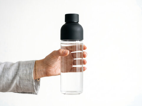 Close-up minimalist product shot of a glass water bottle in clear and matte black held by a feminine hand entering from the left on pure white background