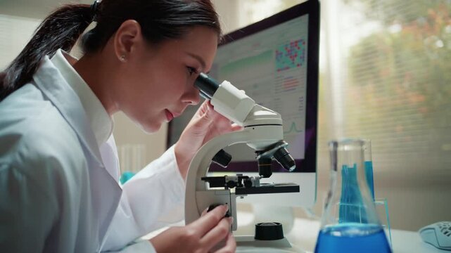 Young Asian female scientist or researcher examining a sample through a microscope in a modern laboratory. Scientific research and development