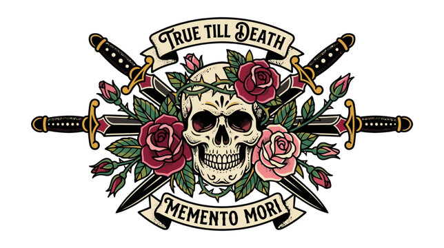 Skull, Roses, Daggers, Crown of Thorns,Memento Mori, True Till Death Tattoo Art