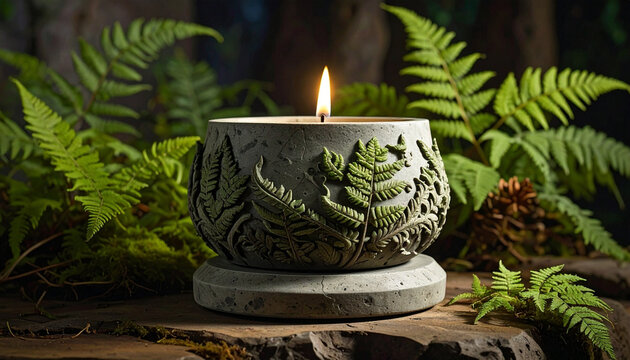 Lit candle surrounded by ferns