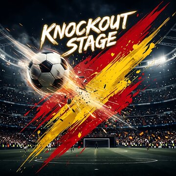 soccer ball flying with knockout stage text