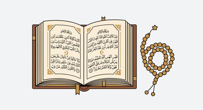 An open book with Arabic script lies next to a coiled prayer rosary beads on a surface.