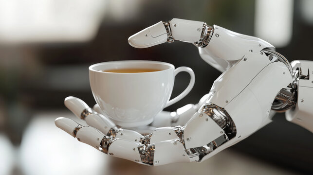 Futuristic white robotic hand gently holding a ceramic cup of tea