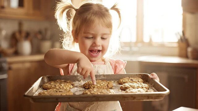Happy Toddler Girl Shows Freshly Baked Oatmeal Cookies - A cheerful young girl with pigtails holds a baking sheet filled with freshly baked oatmeal cookies, pointing at them with delight.