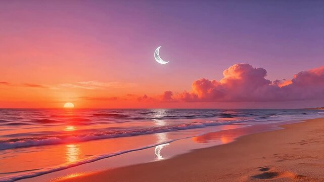 Beach at sunset with crescent moon