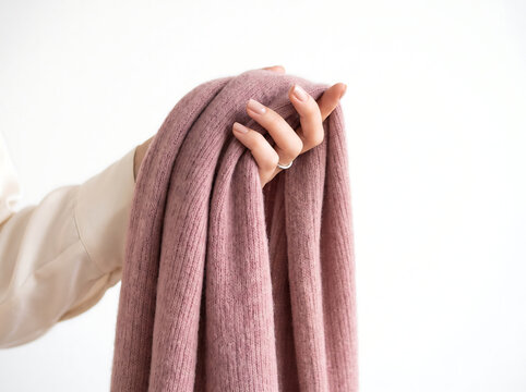Close-up minimalist product shot of a cashmere scarf in dusty rose held by a feminine hand entering from the left on pure white background