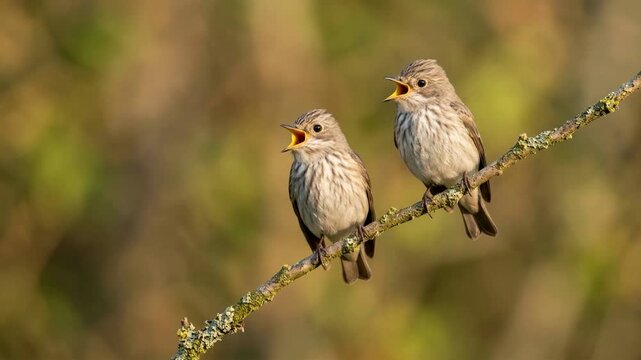 two european pied flycatcher singing close up in scandinavian forest morning light video