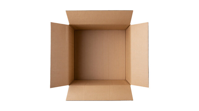 Open empty brown corrugated cardboard box, isolated on transparent background