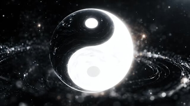 Dynamic Yin Yang Symbol Floating in Cosmic Nebula - A visually stunning digital artwork featuring a dynamic Yin Yang symbol against a backdrop of a swirling cosmic nebula with shimmering particles.