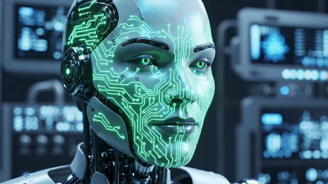 Android Face with Glowing Emerald Circuits in Industrial Background - A close-up view of an android's face illuminated by glowing emerald green circuits etched onto its surface.