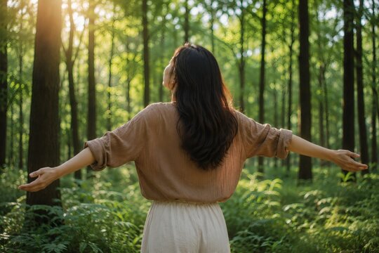 Young Asian Woman Standing in Forest with Outstretched Arms