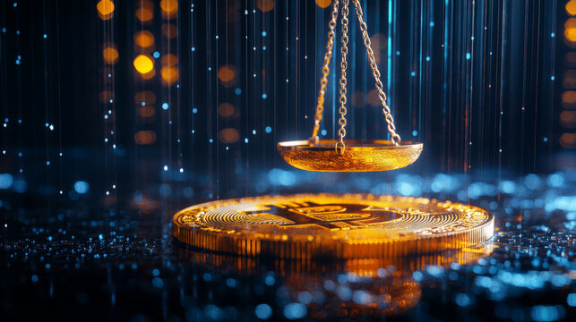 Golden Bitcoin coin balancing on a scale with digital data flow on blue background