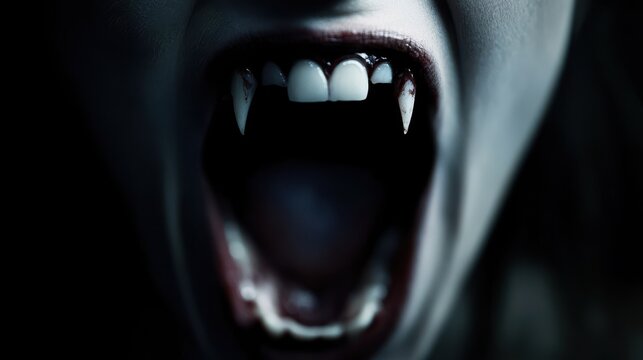 Close-up of a pale-skinned mouth with sharp, blood-stained vampire fangs against a dark, eerie background.