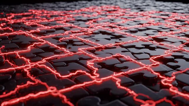 Abstract Red Neon Puzzle Connections - A high-density, dark puzzle background with glowing red lines connecting the pieces.