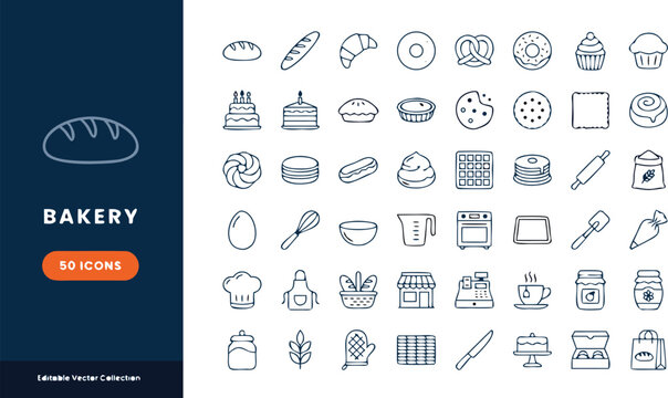 Bakery icons collection for baking and pastry making tools and food  editable vector graphics