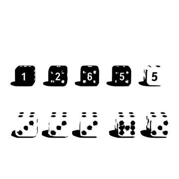 Set of ten dice arranged in two rows of five, each die showing different numbers from one to six, with the top row in black and white and the bottom row in white and black. The dice are evenly spac...
