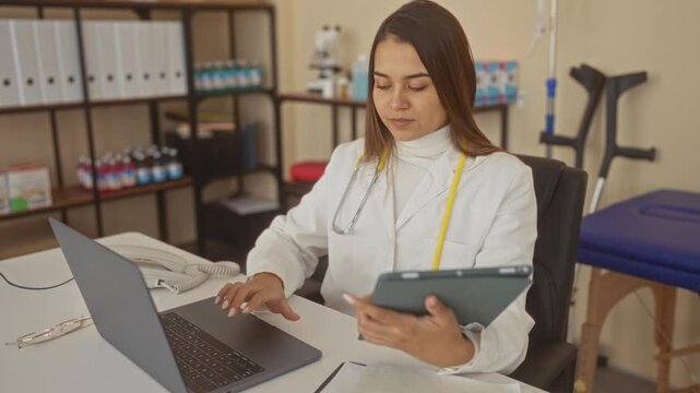 Woman doctor typing on laptop and holding tablet at desk in medical clinic with stethoscope, shelves of supplies, crutches and exam table visible; focused care.