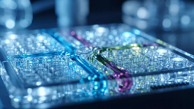 Microfluidic Chip with Flowing Liquids for Biotechnology Research - A close-up view of a complex microfluidic chip with intricate glass structures, showcasing colored liquids flowing through tiny