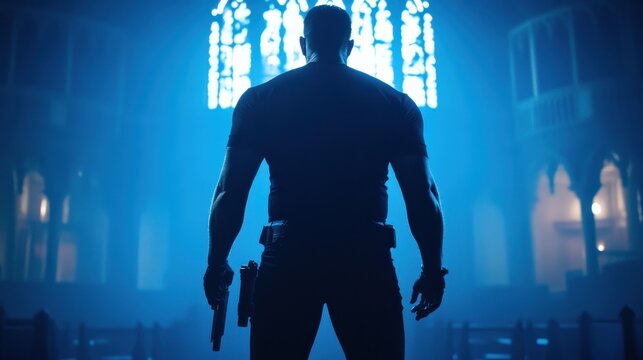 A muscular man stands in a dramatic, blue-lit setting, holding a handgun with a holstered weapon at his waist, captured from behind.