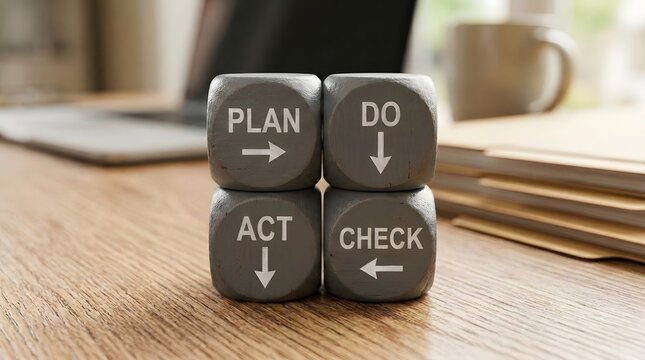 Wooden dice displaying plan do act and check words on a wooden desk representing project management and workflow concepts