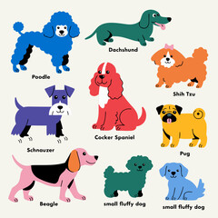 Fototapeta premium Set of colorful cute dog illustrations on a beige background