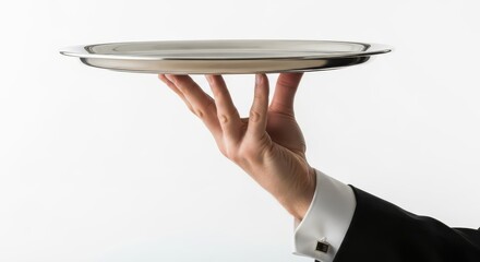 Naklejka premium Professional Waiter Hand Holding Empty Silver Serving Tray Isolated on White Background for Fine Dining Concept