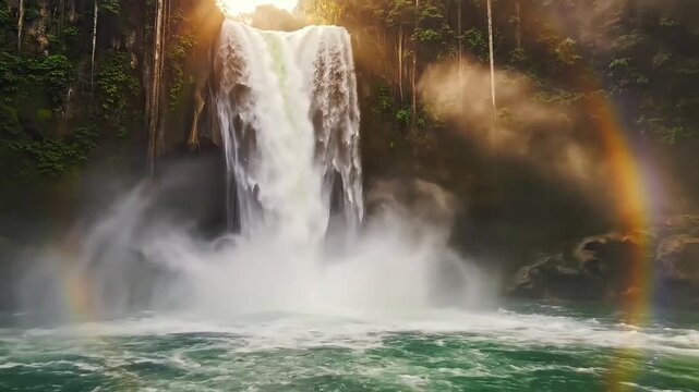 Waterfall cascading into misty pool in forest