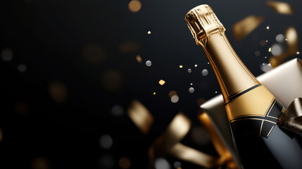 Fototapeta premium A close-up of a gold-foiled champagne bottle against a dark background, surrounded by shimmering gold confetti and sparkles.