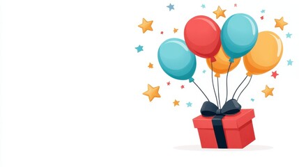 Fototapeta premium A red gift box with a black ribbon is attached to five colorful balloons, surrounded by multicolored floating stars on a white background.