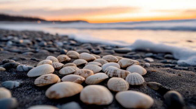A collection of seashells rests on a sandy beach at sunset, with gentle waves lapping nearby.