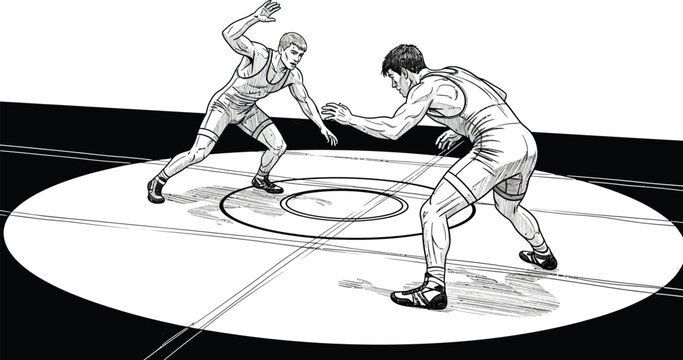 Two wrestlers in action on a wrestling mat in a competition